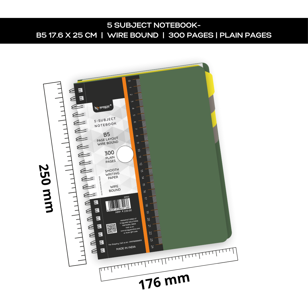 5-Subject B5 Notebook (300 Pages, Ruled/Plain) Textured Cover |  Pack of 2