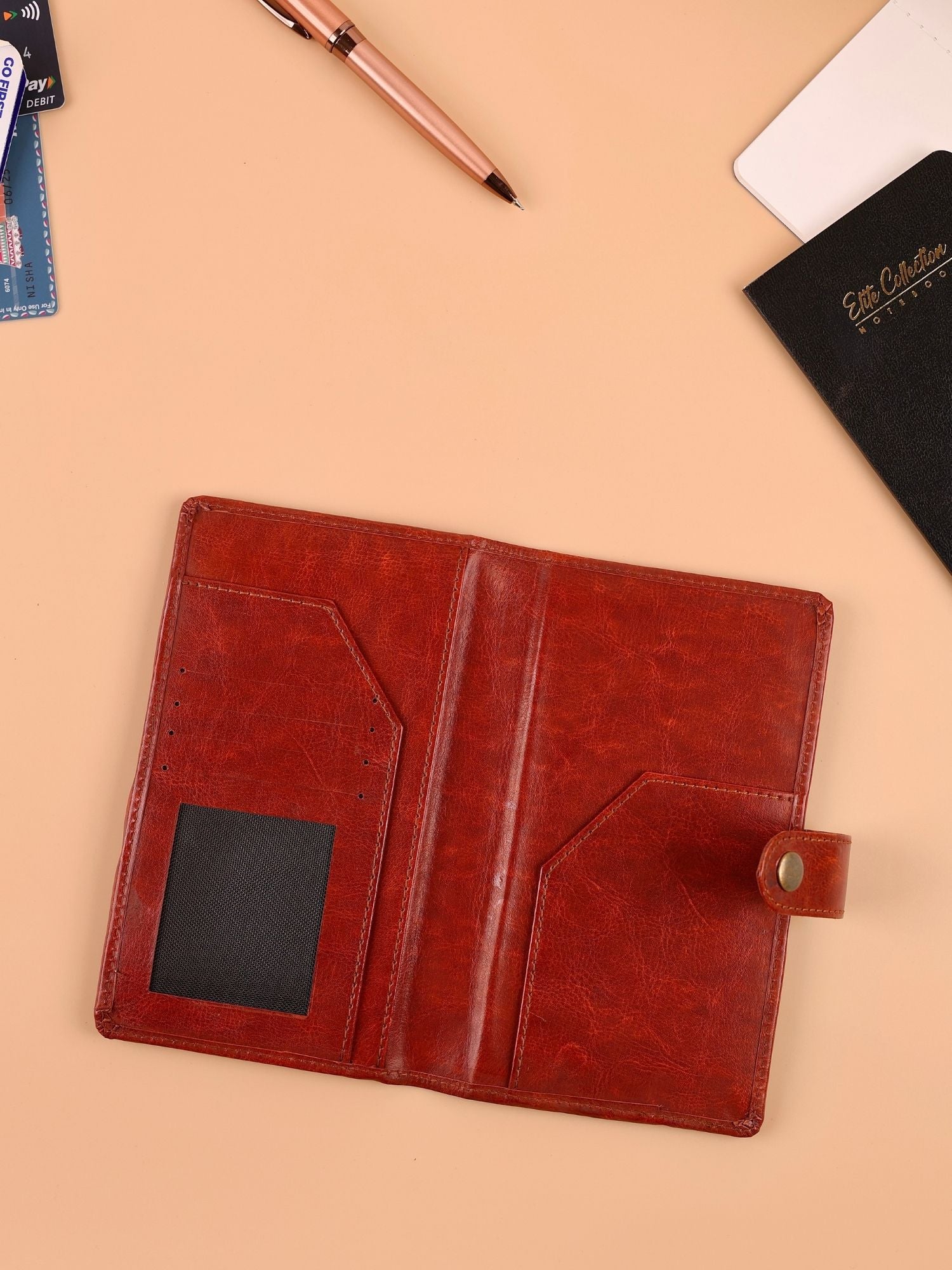 Tan Travel Wallet Organizer with Passport Holder & Travel Notebook