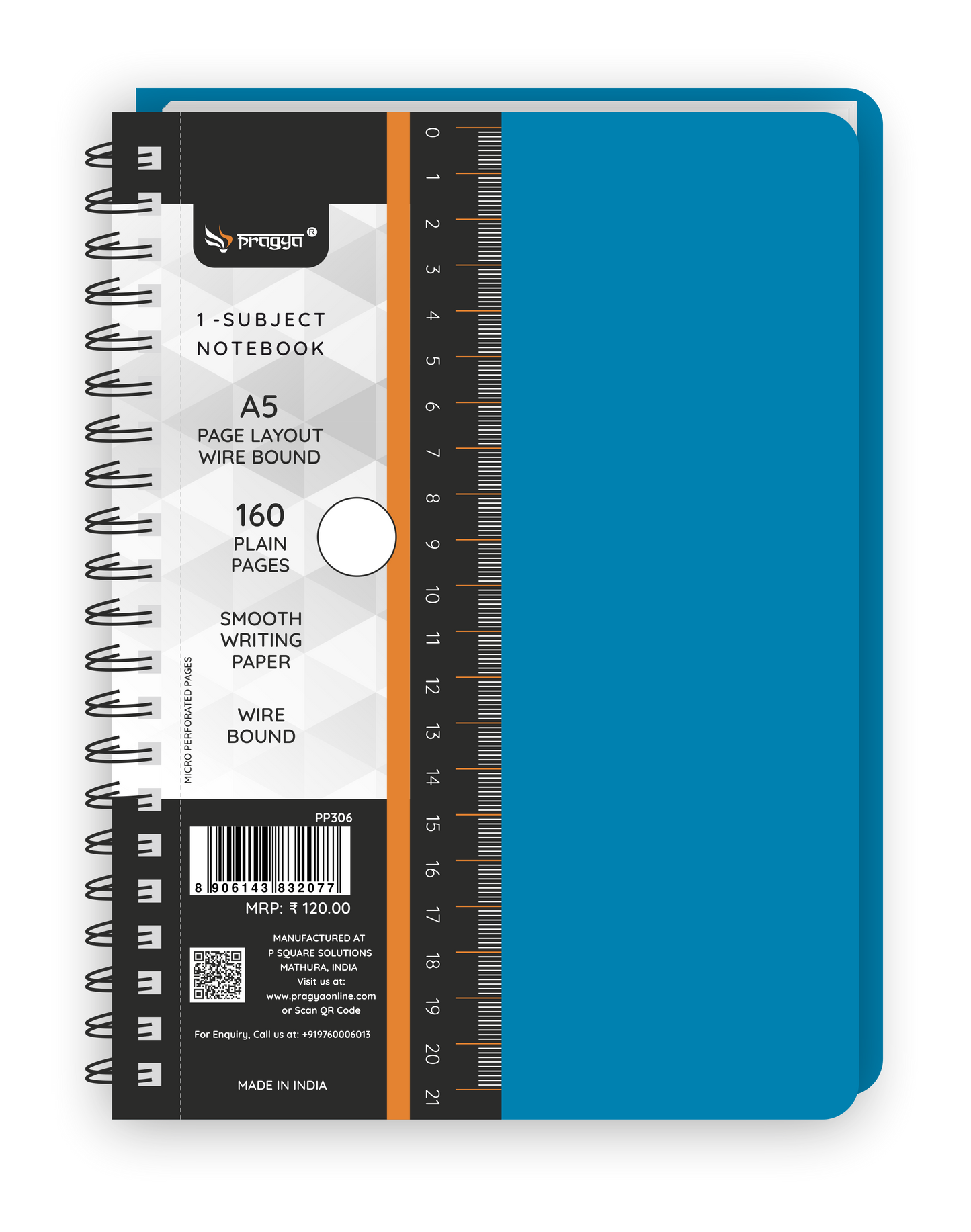 Pragya 1-Subject A5 Notebook (160 Pages, Ruled/Plain) Textured Cover - Wire Bound  |  Pack of 3