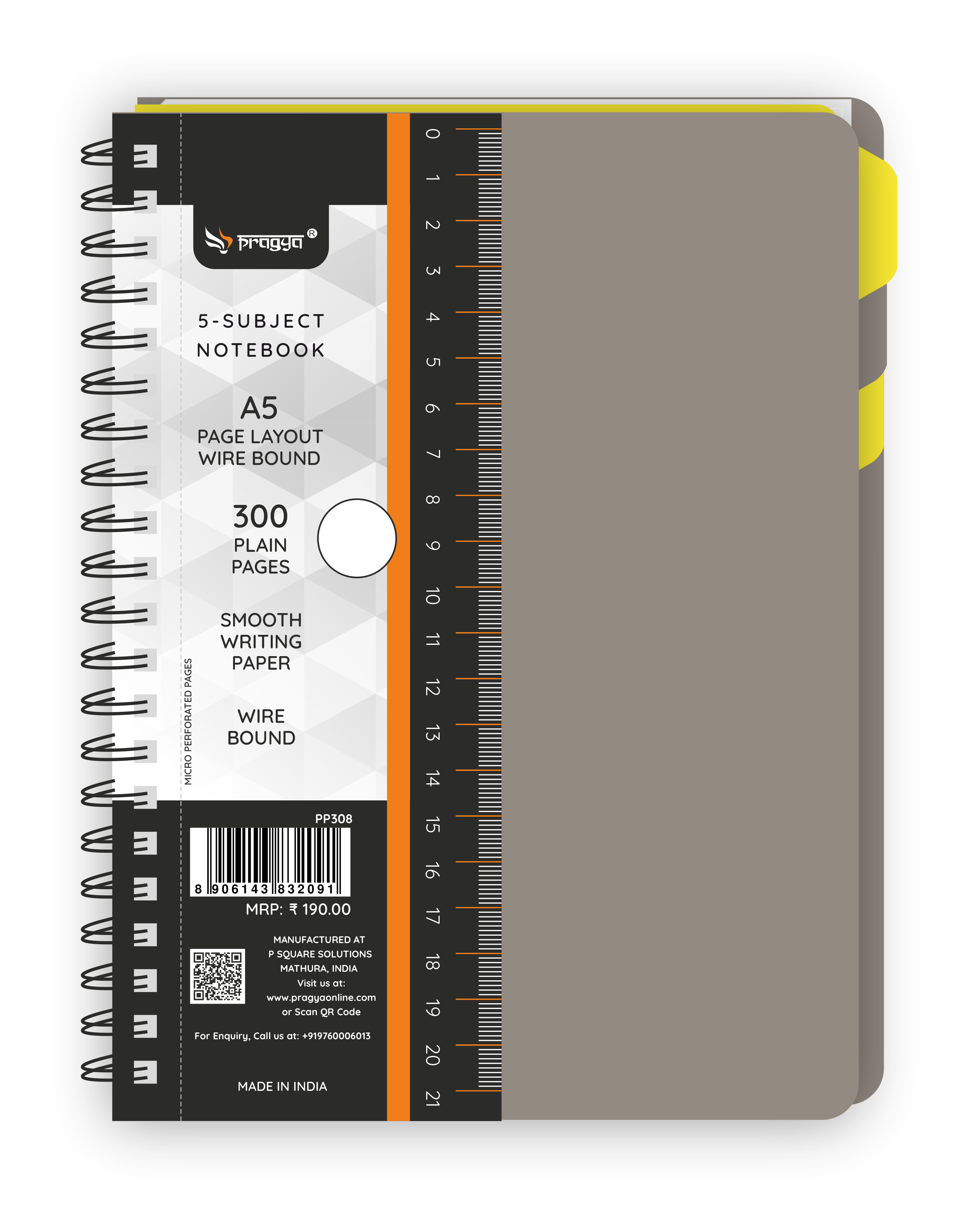 Pragya Office Pro Wire-O Subject Notebook | Size-A5 ( 14.5 x 21 cm ) | 5-Subject Notebook with Dividers | 300 Pages | Durable Cover | Professional Notebook for Office & Business Use