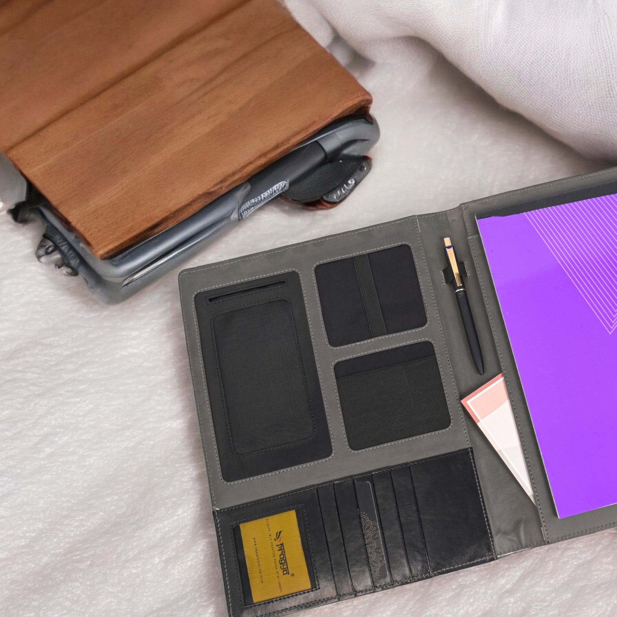 Pragya Elite Collection Leatherette Desk Organizer with Refillable B5 Notepad β Multi-Pocket with Magnet Closure, Design for Cards, Documents & Accessories β Professional Desktop Folder for Office & Meetings