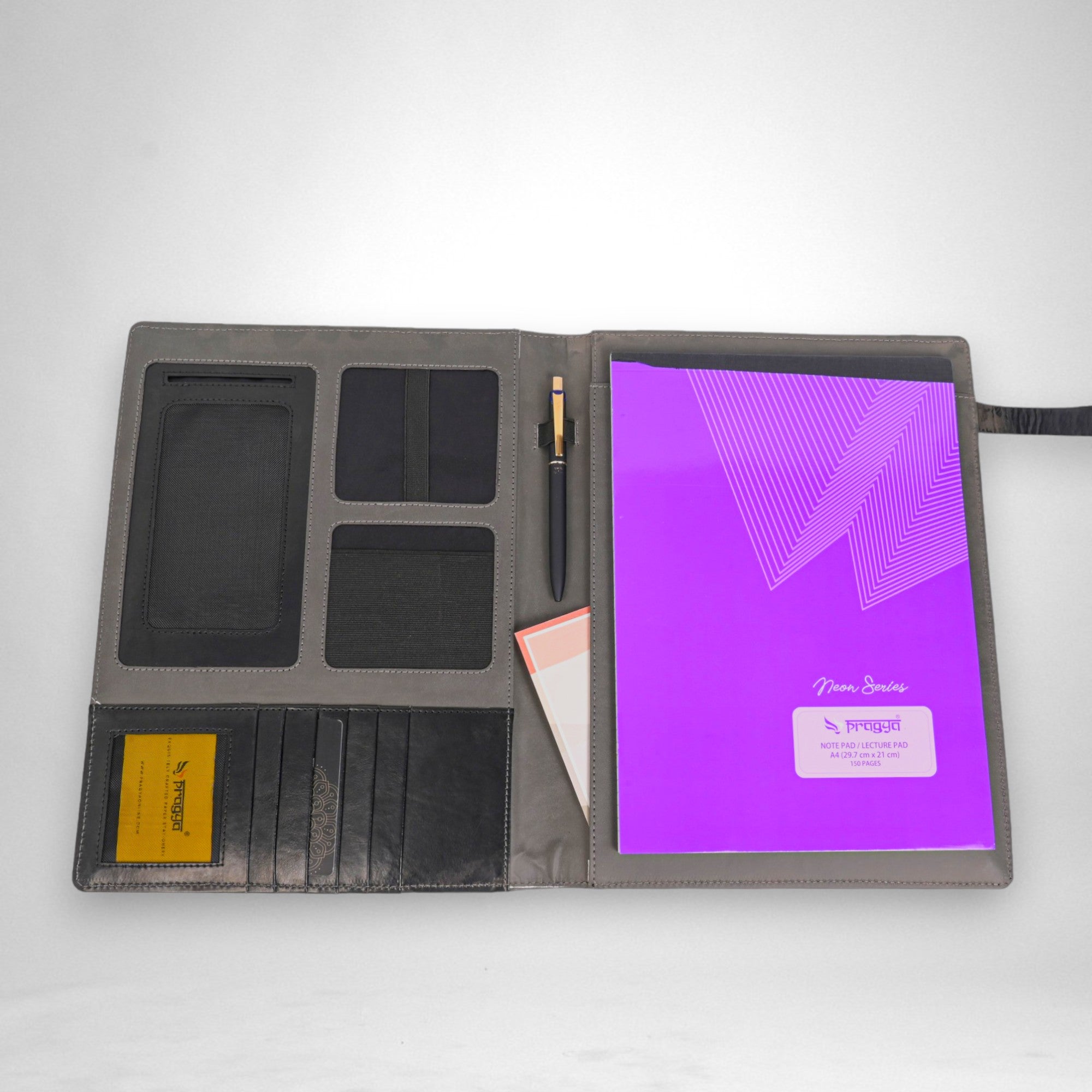 Pragya Elite Collection Leatherette Desk Organizer with Refillable A4 Notepad – Multi-Pocket with Magnet Closure, Design for Cards, Documents & Accessories – Professional Desktop Folder for Office & Meetings