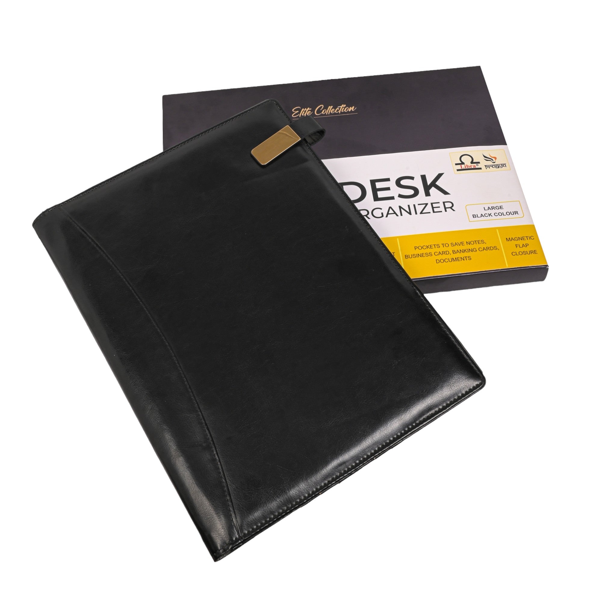 Pragya Elite Collection Leatherette Desk Organizer with Refillable B5 Notepad β Multi-Pocket with Magnet Closure, Design for Cards, Documents & Accessories β Professional Desktop Folder for Office & Meetings
