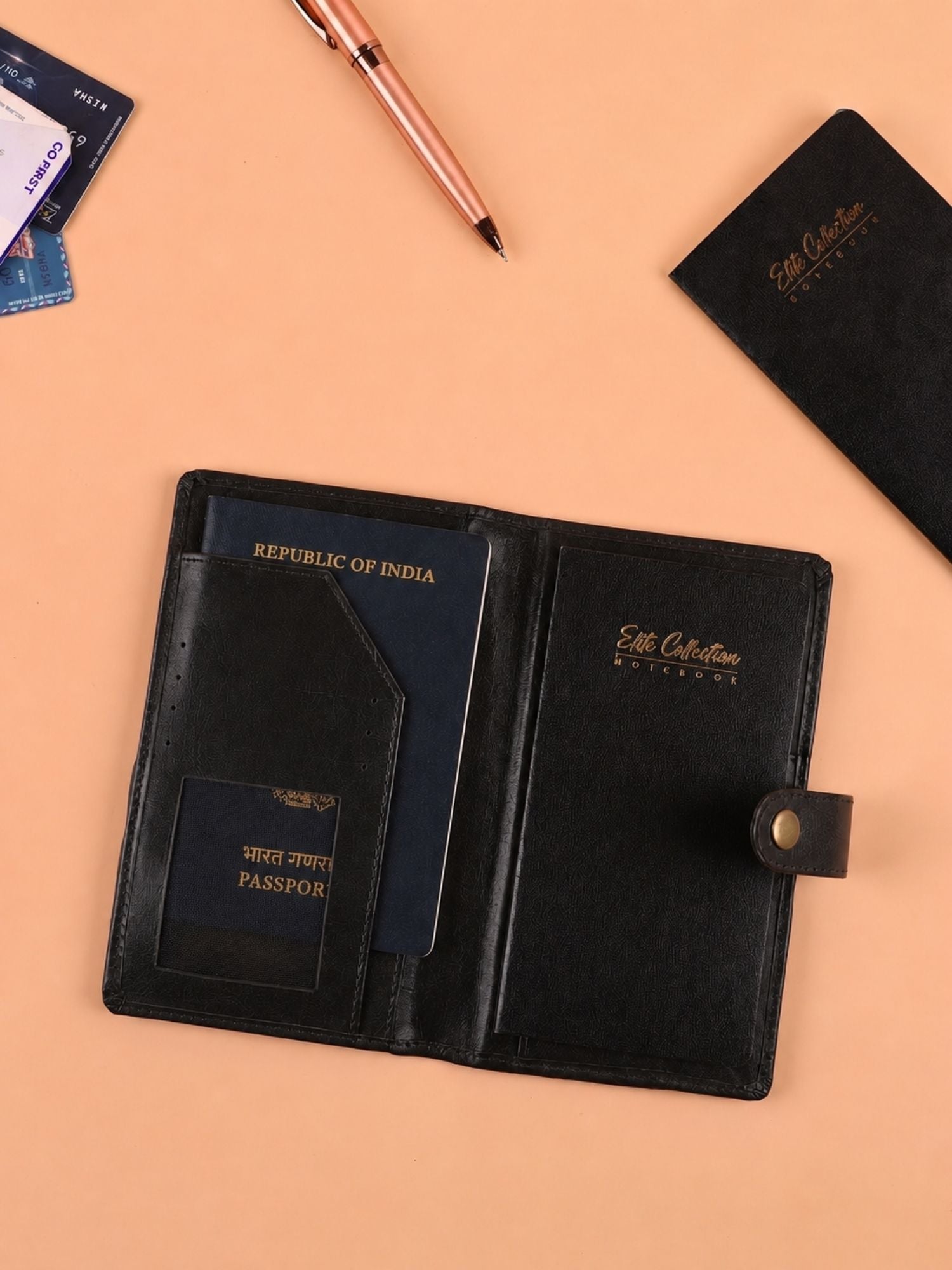 Black Travel Wallet Organizer with Passport Holder & Travel Notebook