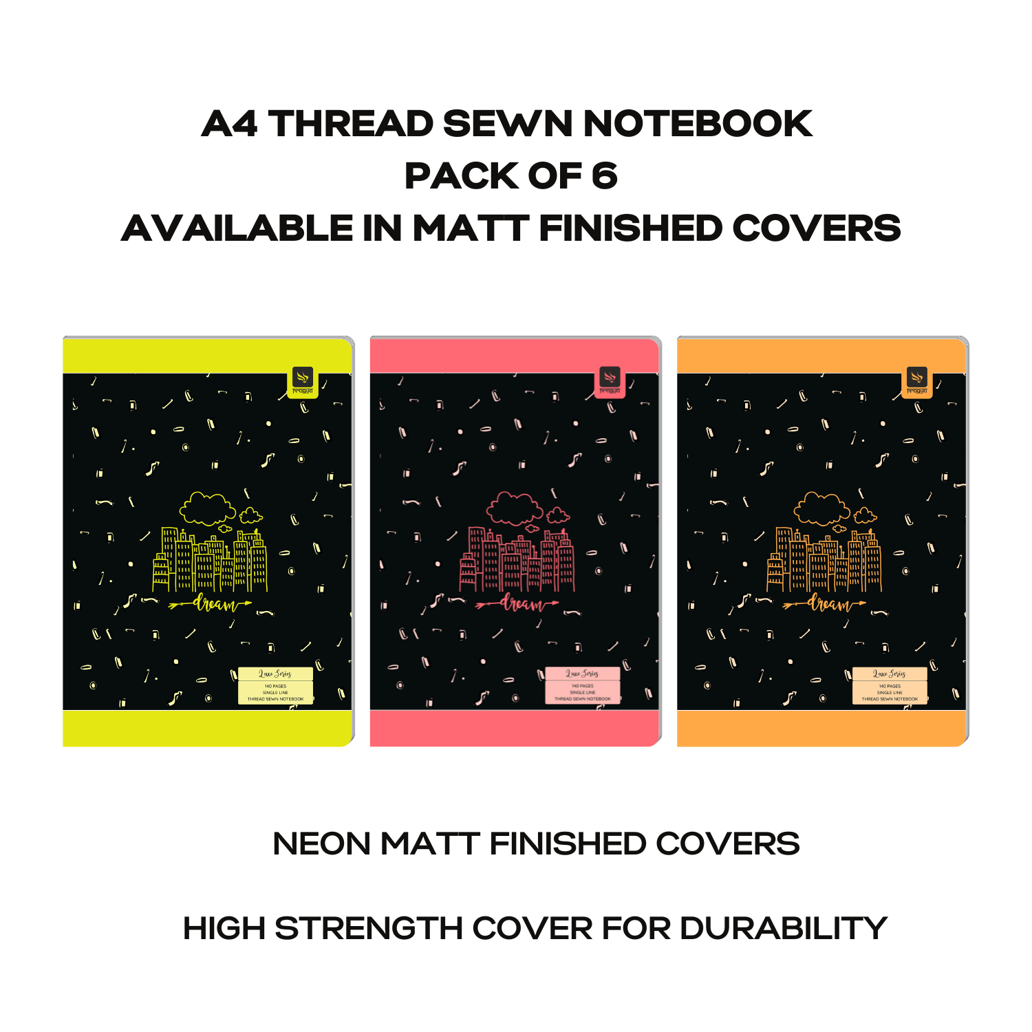 Pragya Elite Collection A4 (29.7x21 cm) Register Notebook – Luxe Series, 140 Ruled Pages, Thread Sewn Binding, Hard Cover – Premium Notebook for Office, School & Personal Use | Pack of 3