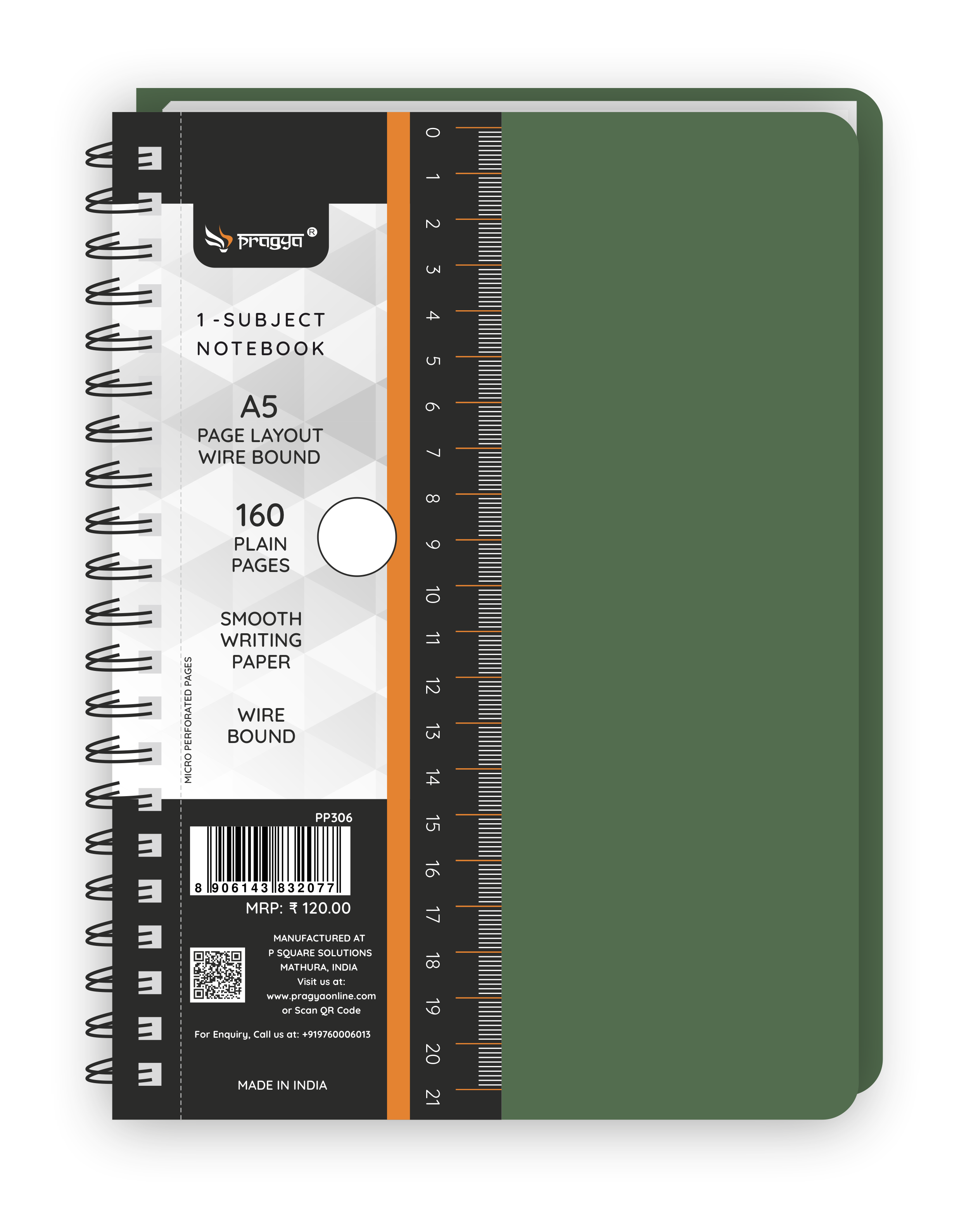 Pragya 1-Subject A5 Notebook (160 Pages, Ruled/Plain) Textured Cover - Wire Bound  |  Pack of 3
