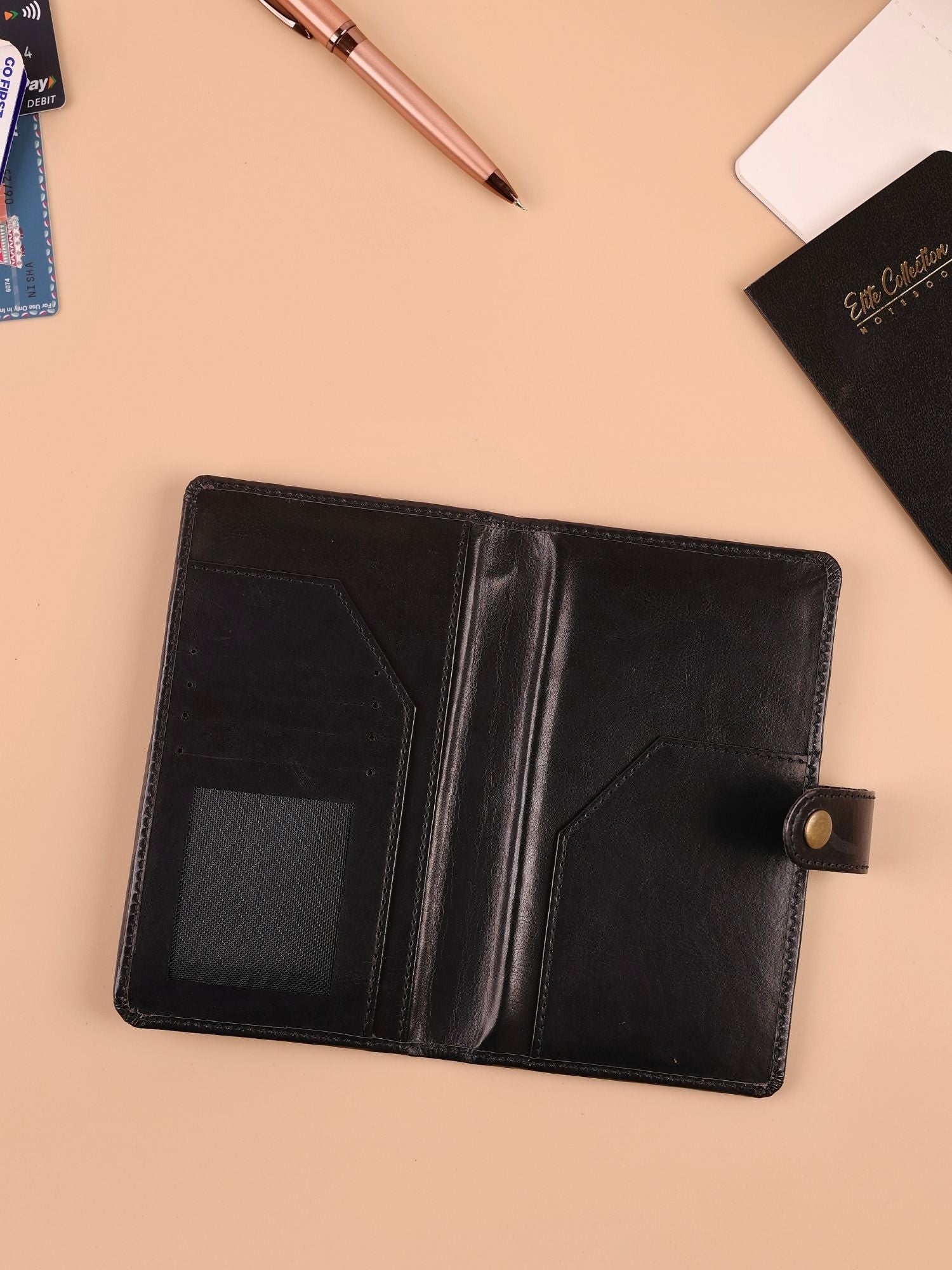 Black Travel Wallet Organizer with Passport Holder & Travel Notebook