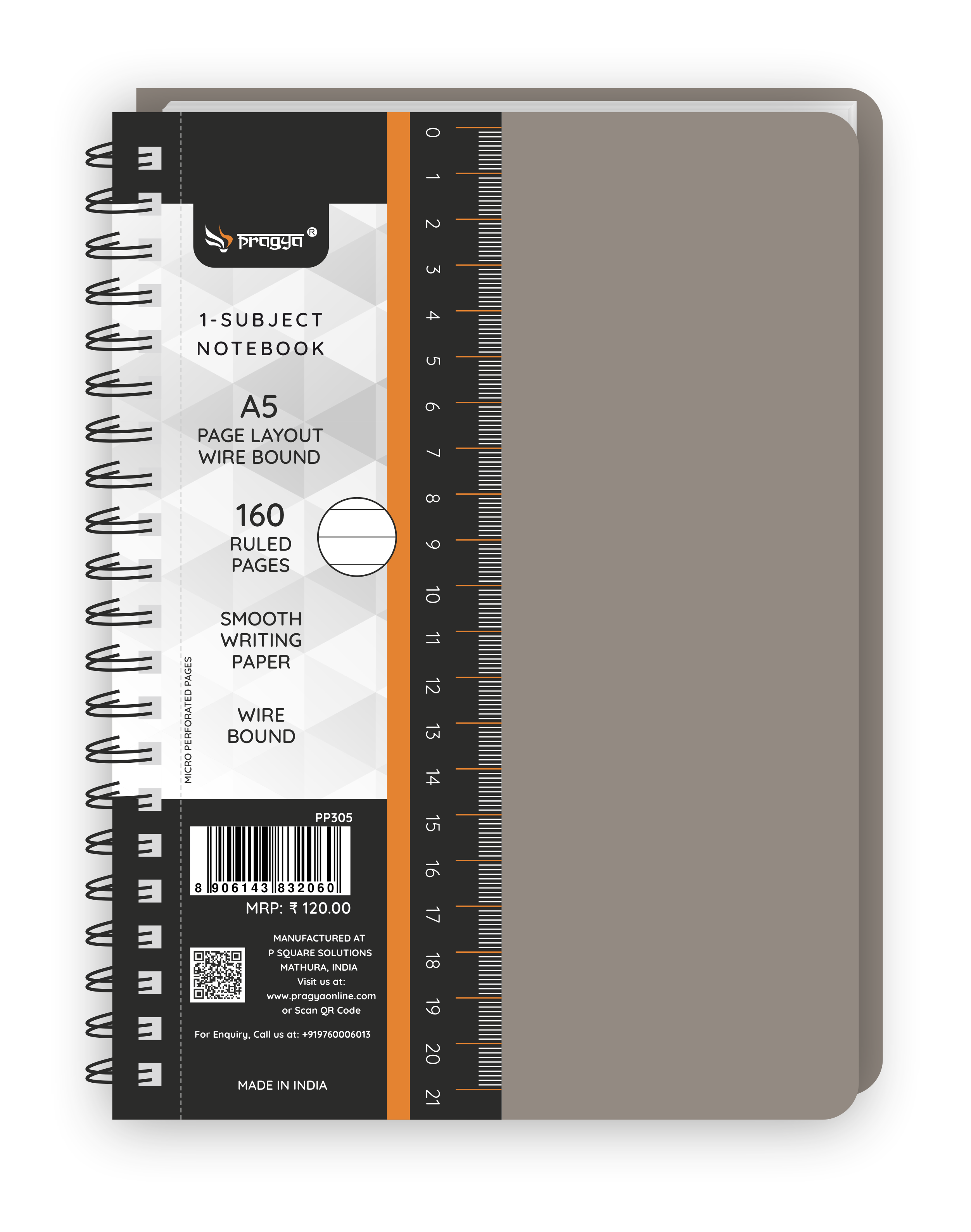 Pragya 1-Subject A5 Notebook (160 Pages, Ruled/Plain) Textured Cover - Wire Bound  |  Pack of 3