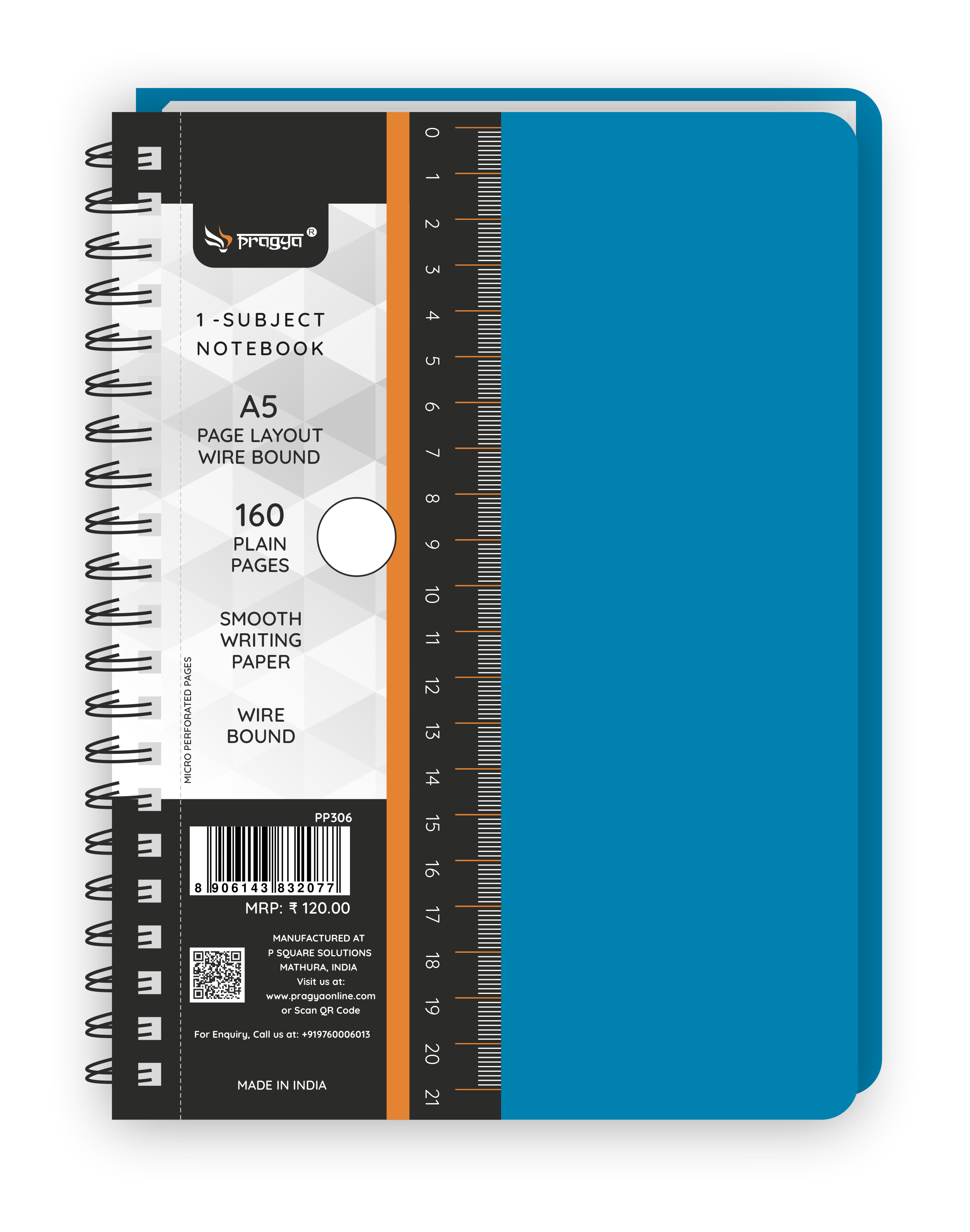 Pragya 1-Subject A5 Notebook (160 Pages, Ruled/Plain) Textured Cover - Wire Bound  |  Pack of 3