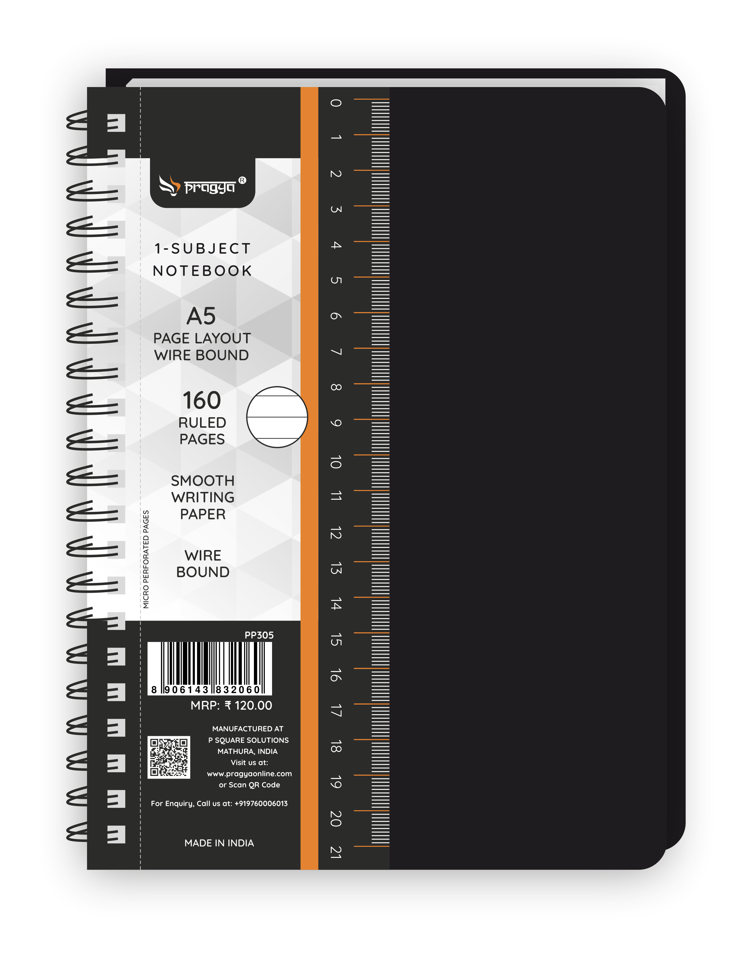 Pragya 1-Subject A5 Notebook (160 Pages, Ruled/Plain) Textured Cover - Wire Bound  |  Pack of 3