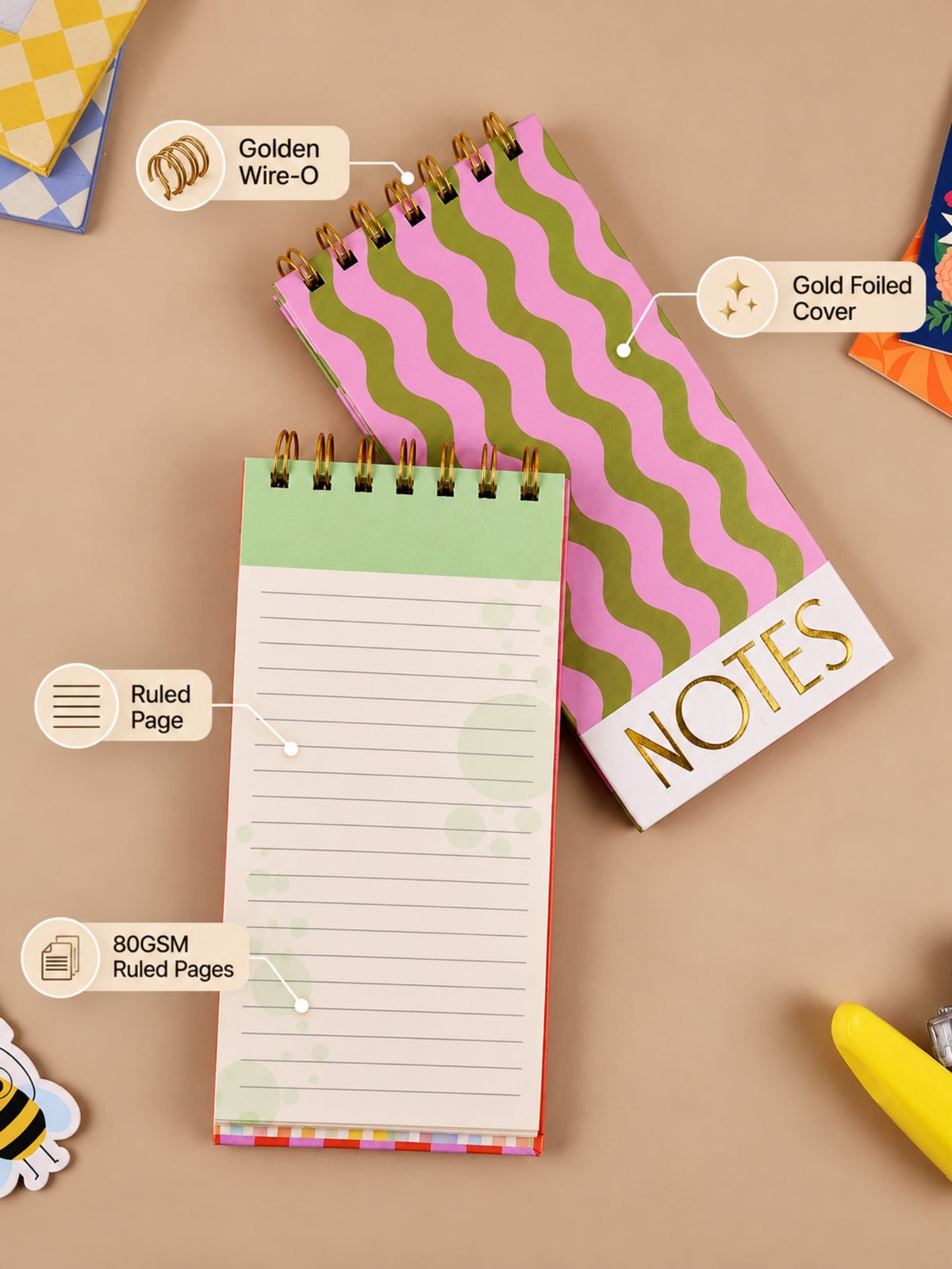 Think Pad features: golden Wire-O, gold foil cover, 80 GSM ruled pages