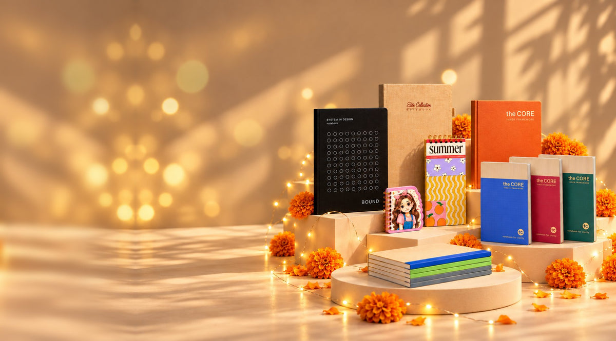Pragya notebooks with marigolds and fairy lights for Diwali