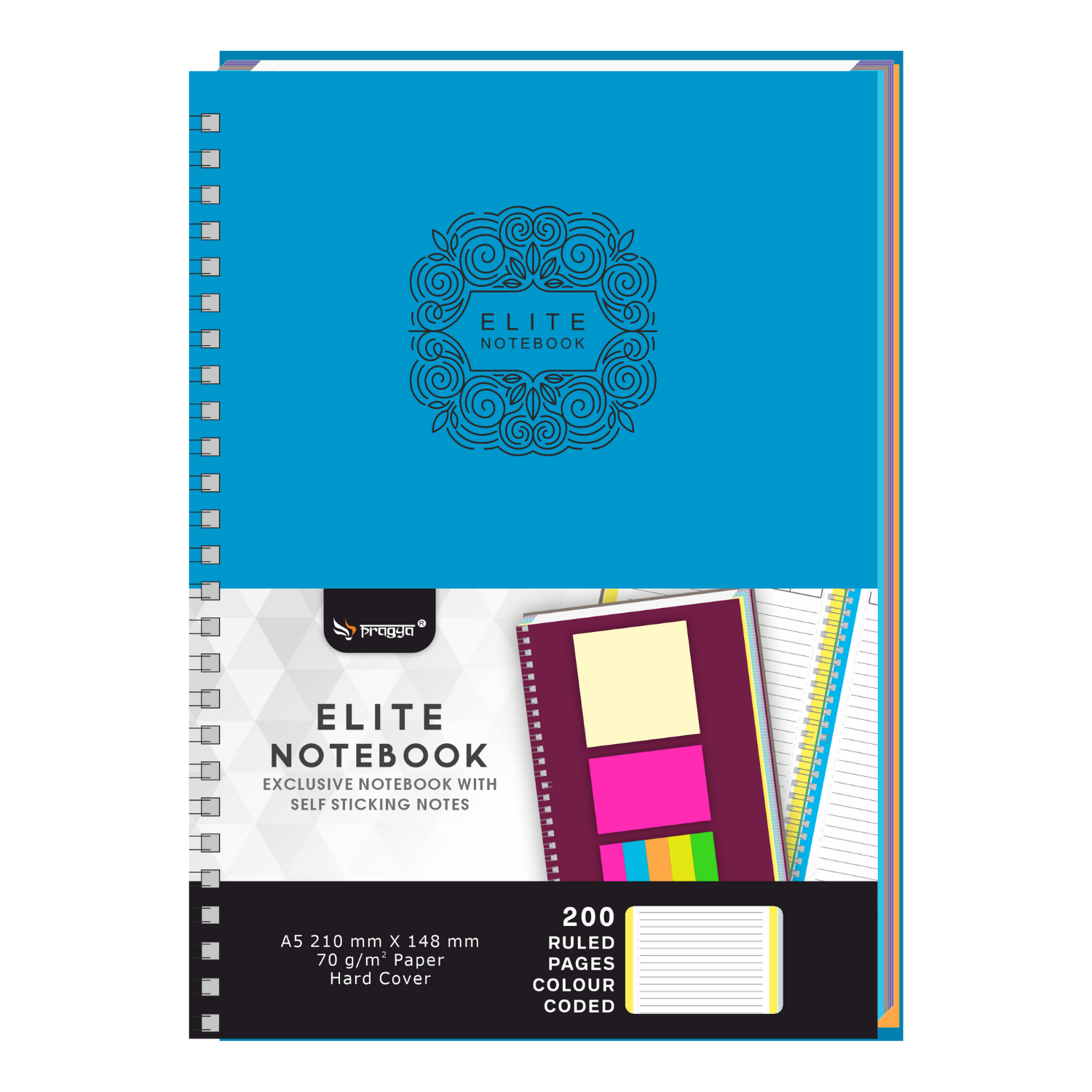 Pragya Elite Collection | A5 (14.5x 21 CM) Notebook with Sticky Notes | 200 Single Ruled Color Coded Pages | 70 GSM | Hard Cover with Wire Binding | Pack of 2