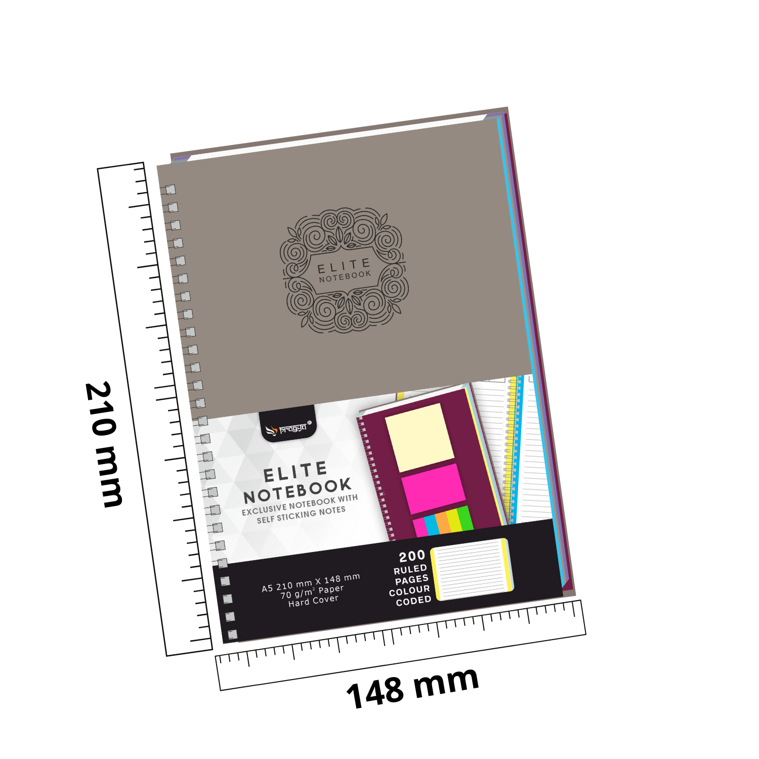 Pragya Elite Collection | A5 (14.5x 21 CM) Notebook with Sticky Notes | 200 Single Ruled Color Coded Pages | 70 GSM | Hard Cover with Wire Binding | Pack of 2