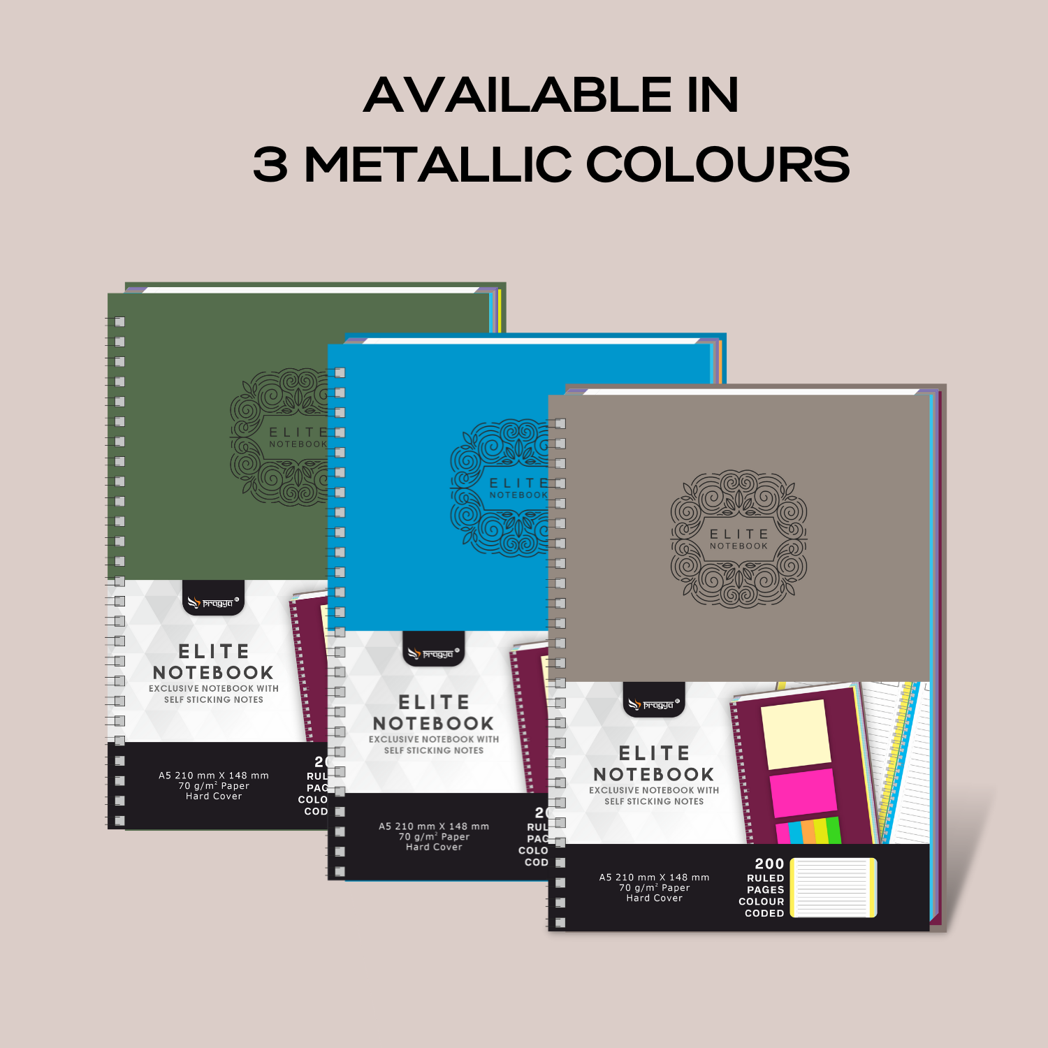 Pragya Elite Collection | A5 (14.5x 21 CM) Notebook with Sticky Notes | 200 Single Ruled Color Coded Pages | 70 GSM | Hard Cover with Wire Binding | Pack of 2